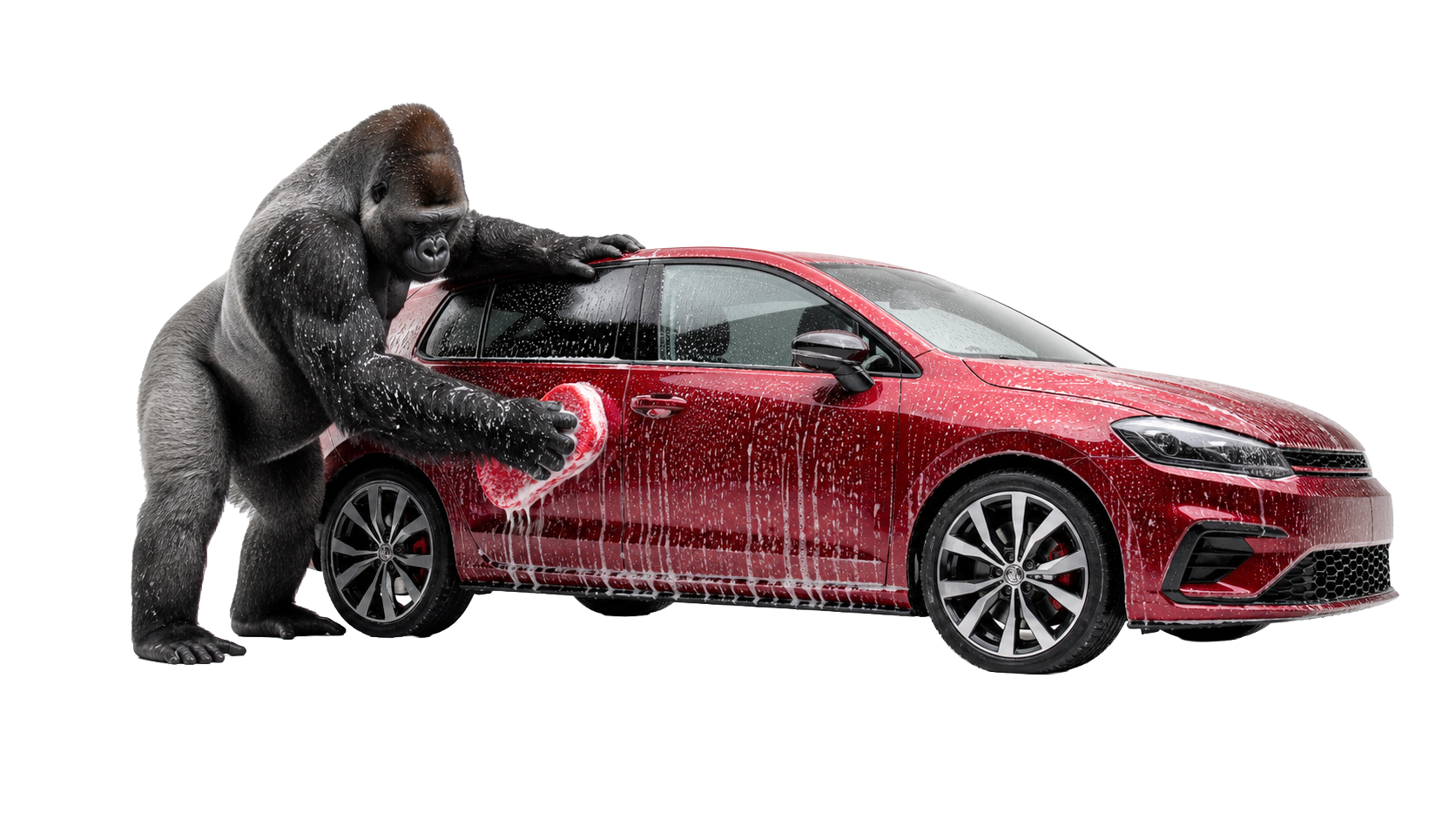 Gorilla poliert einen roten Sportwagen, Autoaufbereitung Gorilla Garage Karlsruhe